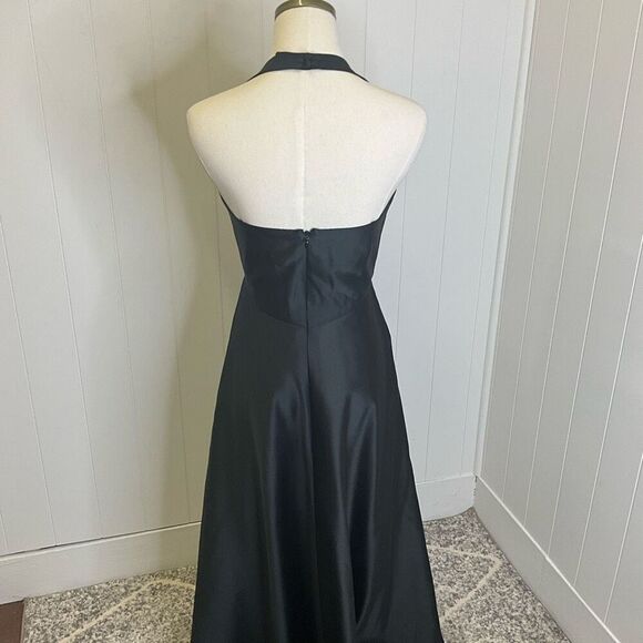 Ann Taylor Womens 6 Satin Evening Maxi Dress Black Halter Neck Open Back Zips - Picture 7 of 15